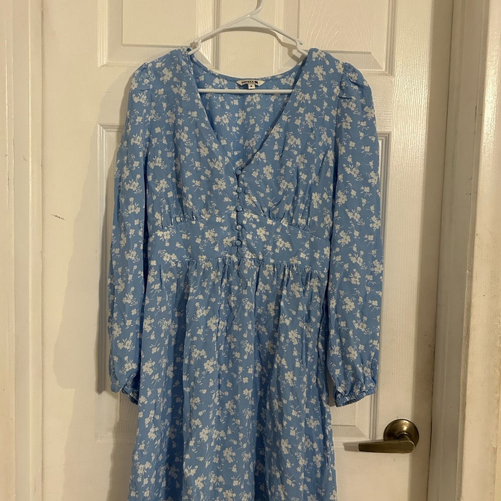 Indiska Blue Resort beach Sundress beach with V-Neck and Bishop Sleeves Sz M